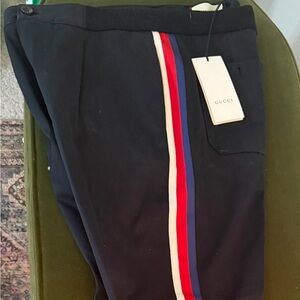 Gucci Men's Black Slack Pants with Red, Blue & White Stripes